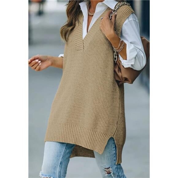 Women's Oversized V-Neck Sweater Vest – Tunic Sleeveless Knit Pullover Top - Picture 2 of 7